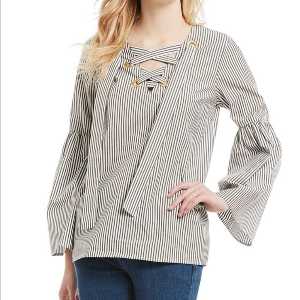 MICHAEL Michael Kors Black and White Striped Lace-Up Blouse